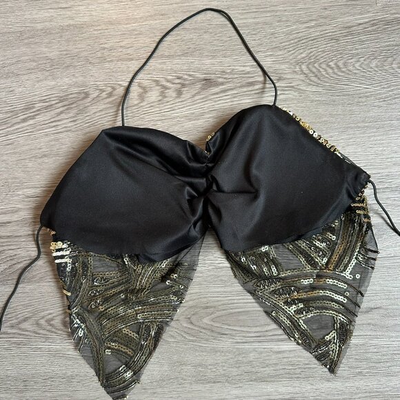 NEW Black and Gold Sequin Glitter Crop Backless Tie Top with Padding - One Size - Picture 3 of 3